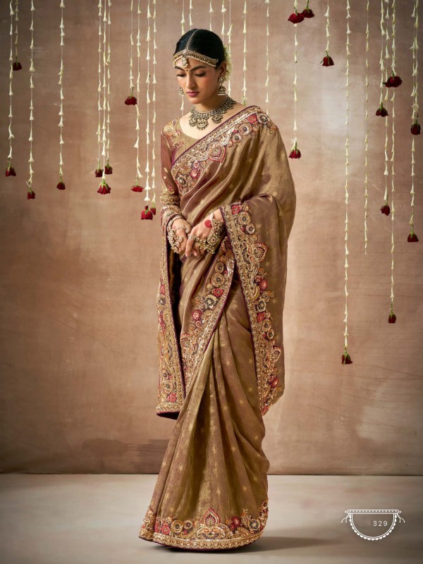 Pure Organza Silk Party wear Saree Brown Color With Embroidery Work 