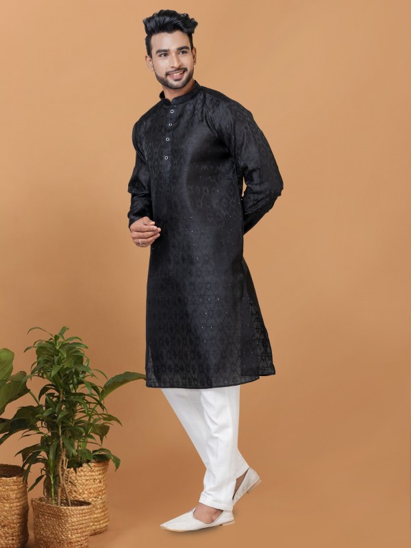 Silk Readymade Kurta set in Black with Embroidery Work