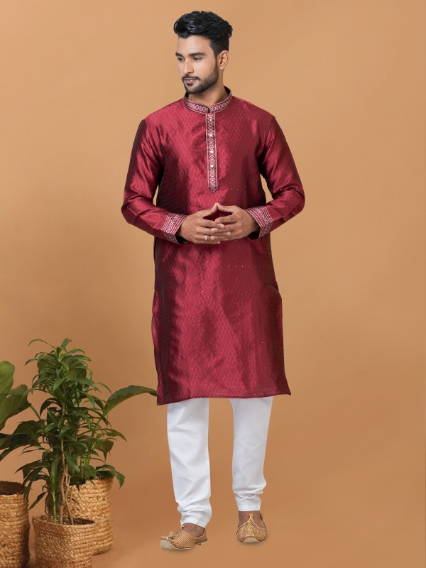 Silk Readymade Kurta set in Maroon with Embroidery Work