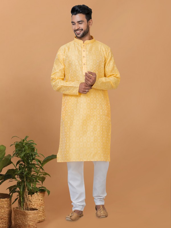 Silk Readymade Kurta set in Yellow with Embroidery Work