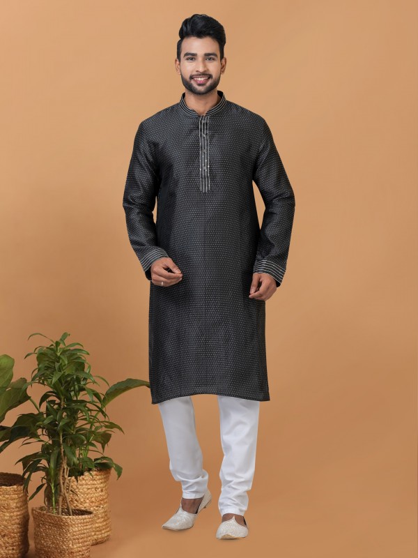 Silk Readymade Kurta set in Black with Embroidery Work