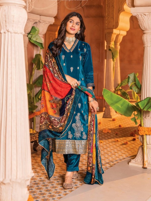 Pure Natural Crepe Party Wear Teal Blue Color with Handwork 