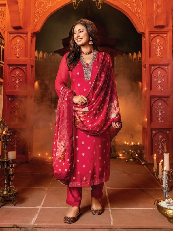 Pure Organza Party Wear Suit In Red Color with Handwork 