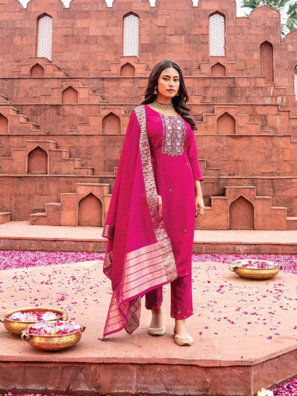 Pure Dola Silk Fabrics Party Wear Suit In Pink Color With handwork 