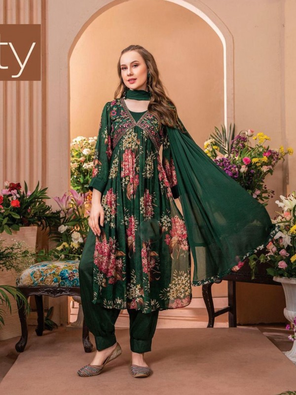 Pure Natural Crepe Party Wear Suit In Green Color with Handwork 