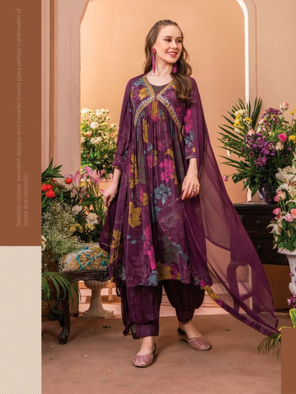 Pure Natural Crepe Party Wear Suit In Wine Color with Handwork 