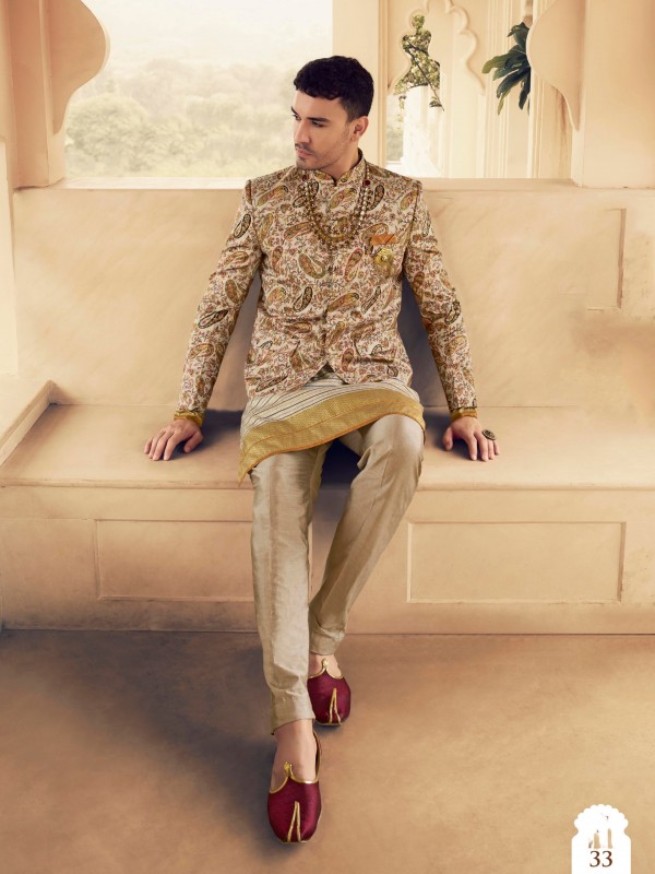 Pure Silk Readymade Kids Indowestern in Mustard Hand work 