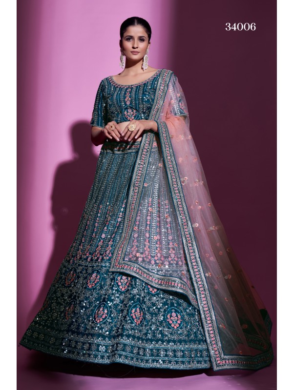 Crepe Silk  Party Wear Lehenga In Teal Blue With Embroidery Work
