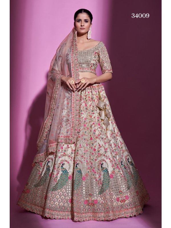 Soft Premium Net Party Wear Lehenga In Cream With Embroidery Work