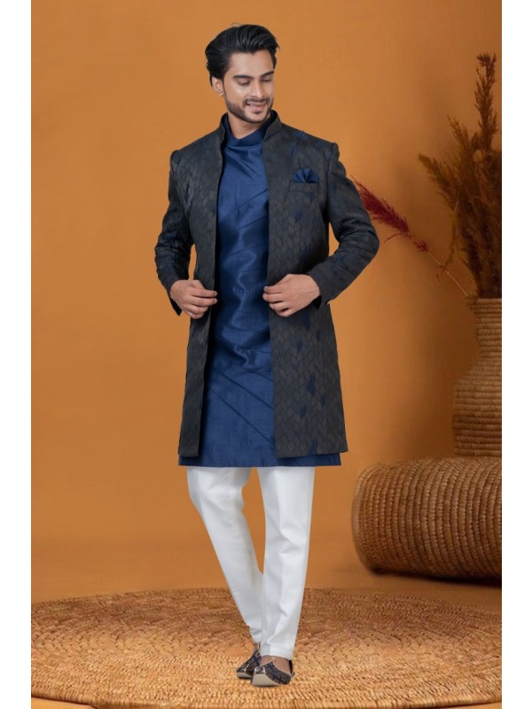 Jacquard IndoWestern Ready Made Dress in Blackish Blue with Jacquard Work 