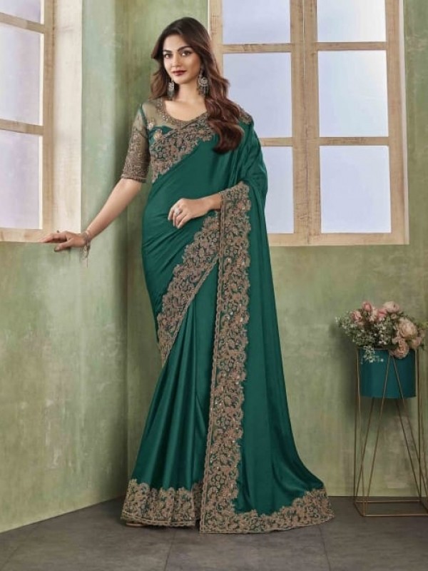 Pure  Silk Saree In Teal Green Color With Embroidery Work