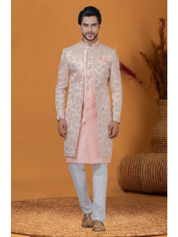 Jacquard IndoWestern Ready Made Dress in Peach Color with Jacquard Work 