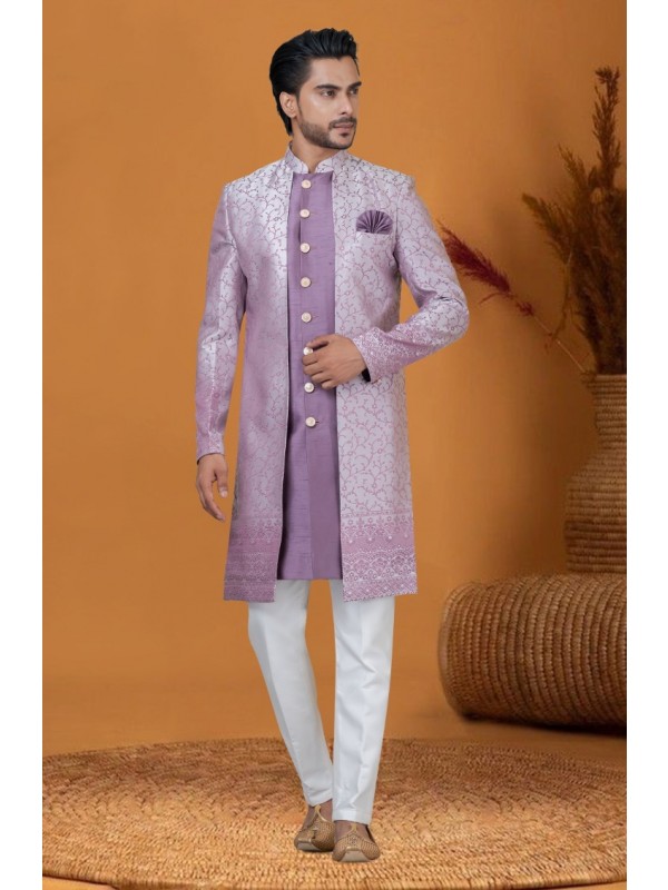 Jacquard IndoWestern Ready Made Dress in Violet Color with Jacquard Work 