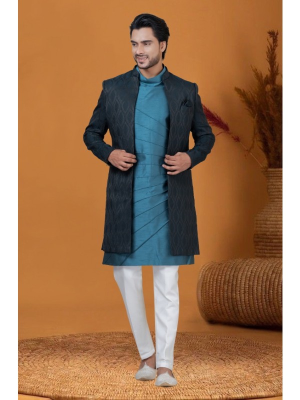Jacquard IndoWestern Ready Made Dress in Blackish Blue with Jacquard Work 