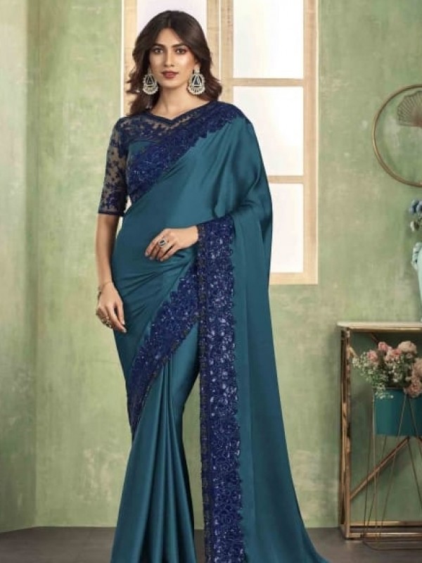 Pure  Silk Saree In Teal Blue Color With Embroidery Work