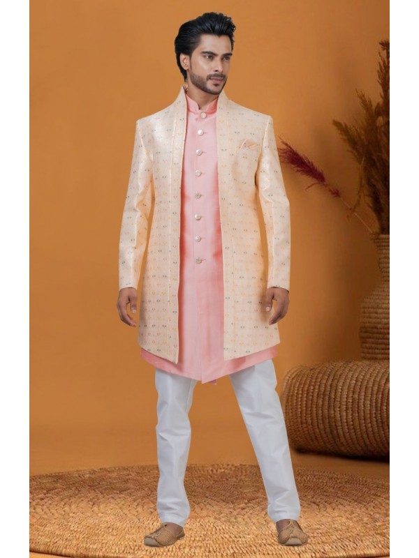 Jacquard IndoWestern Ready Made Dress in Pinkish Peach with Jacquard Work 