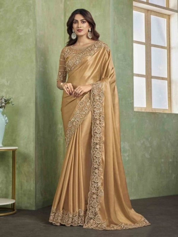 Shimmer Sateen Saree In Golden Color With Embroidery Work