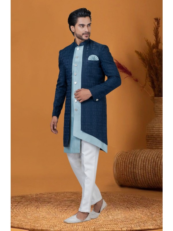 Jacquard IndoWestern Ready Made Dress in Navy Blue Color with Jacquard Work 