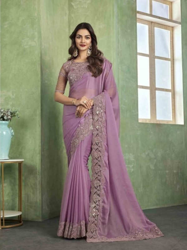 Pure  Silk Saree In Purple Color With Embroidery Work