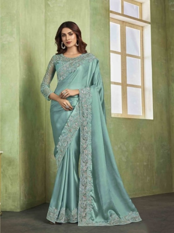 Shimmer Chiffon Saree In Blue Color With Embroidery Work