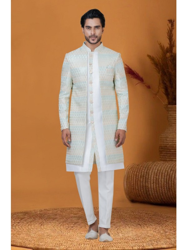 Jacquard IndoWestern Ready Made Dress in Off White Color with Jacquard Work 