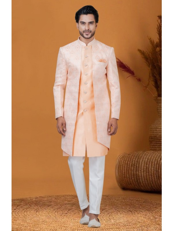 Jacquard IndoWestern Ready Made Dress in Peach Color with Jacquard Work 