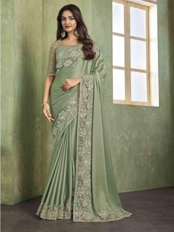 Sateen  Silk Saree In Green Color With Embroidery Work