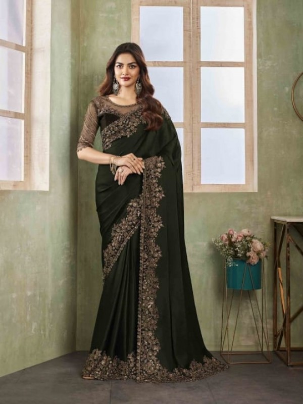 Sateen Chiffon Saree In BlackColor With Embroidery Work