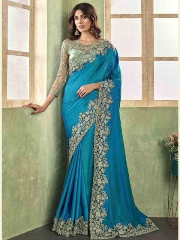 Pure  Silk Saree In Blue Color With Embroidery Work