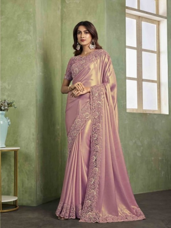 Shimmer Sateen Saree In Pink Color With Embroidery Work