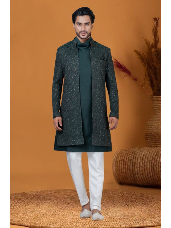 Jacquard IndoWestern Ready Made Dress in Bottle Green with Jacquard Work 