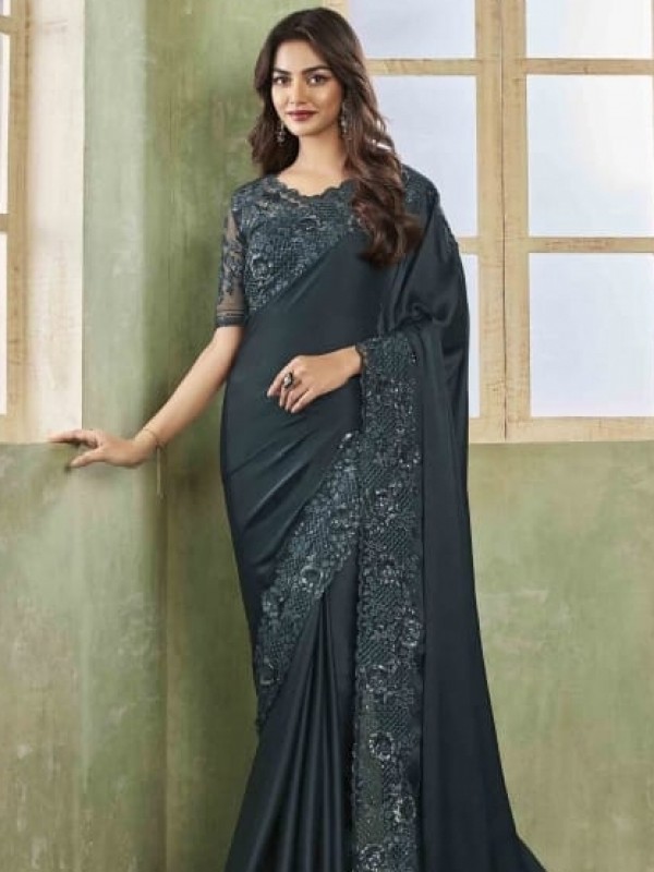 Pure  Silk Saree In Grey Color With Embroidery Work