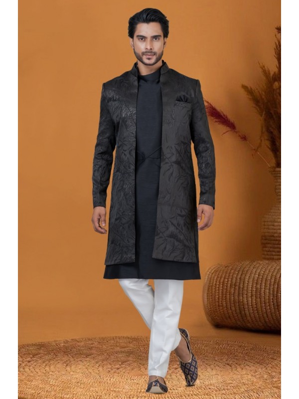 Jacquard IndoWestern Ready Made Dress in Blackish Blue with Jacquard Work 