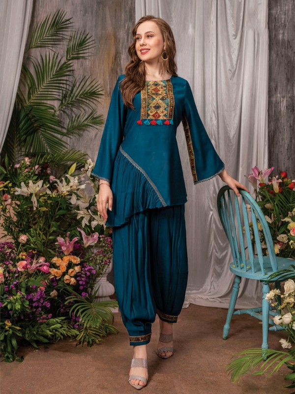 Viscose Party Wear Suit In Blue Color with Handwork 