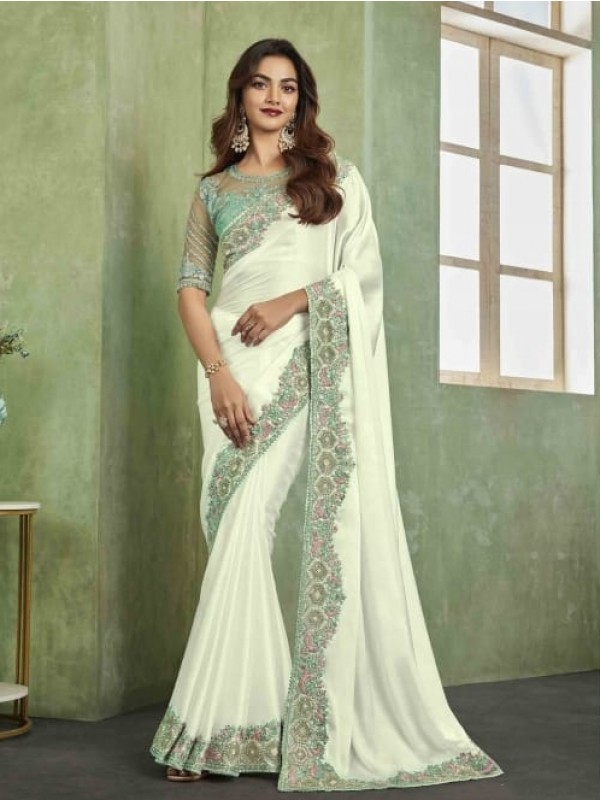 Sateen  Silk Saree In White Color With Embroidery Work