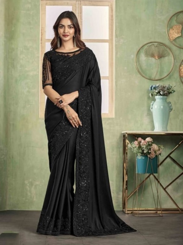 Sateen  Silk Saree In Black Color With Embroidery Work