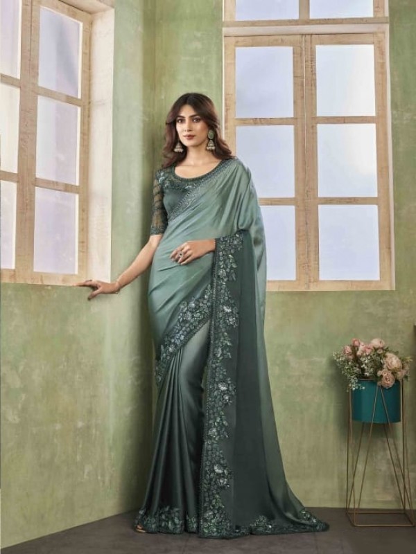 Sateen  Silk Saree In Grey Color With Embroidery Work