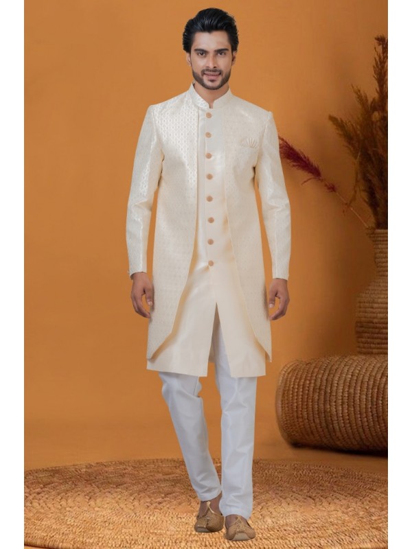 Jacquard IndoWestern Ready Made Dress in Cream Color with Jacquard Work 