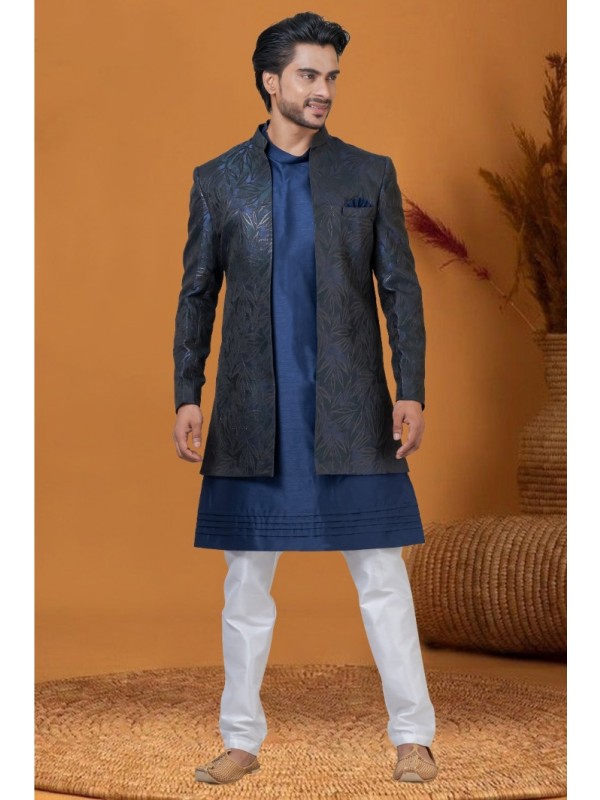 Jacquard IndoWestern Ready Made Dress in Blakish Blue with Jacquard Work 