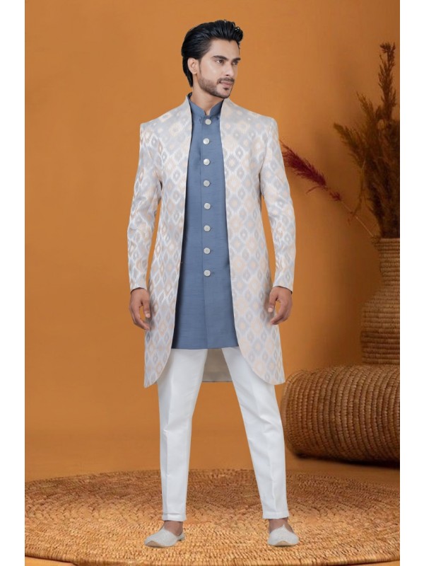 Jacquard IndoWestern Ready Made Dress in Grayish Cream with Jacquard Work 