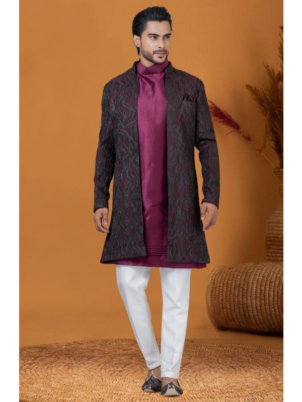 Jacquard IndoWestern Ready Made Dress in Blackish Wine with Jacquard Work 