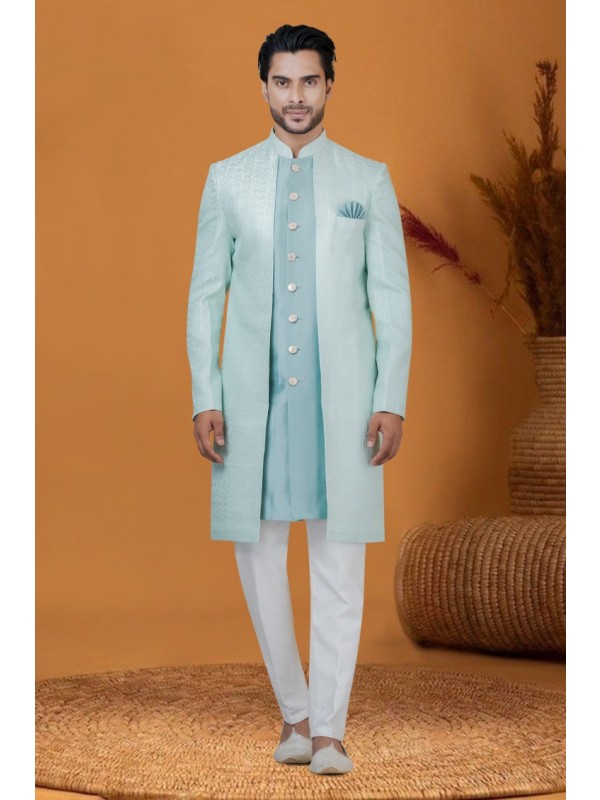 Jacquard IndoWestern Ready Made Dress in Sky Color with Jacquard Work 