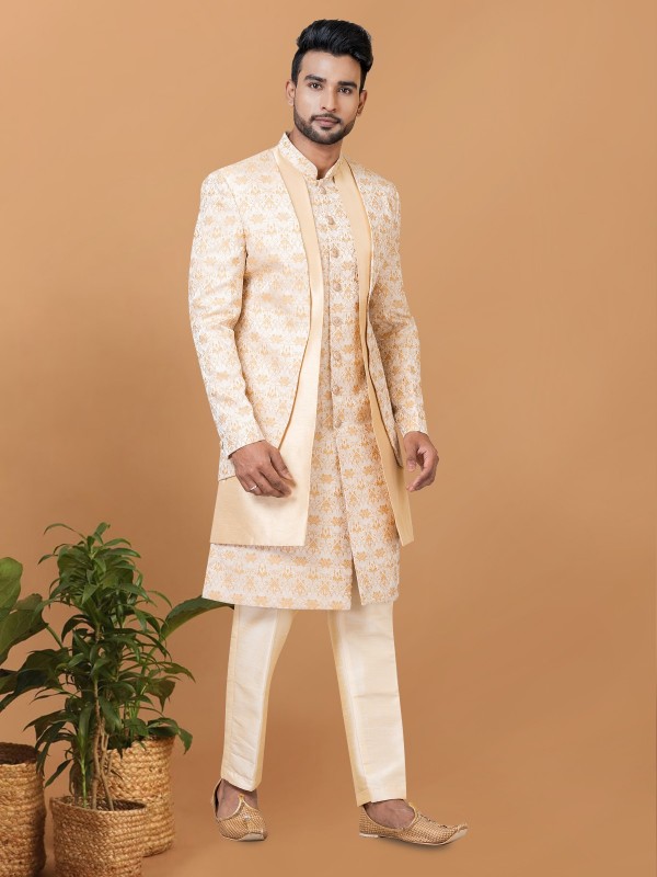 Jacquard IndoWestern Ready Made Dress in Cream & Golden with Jacquard Work 