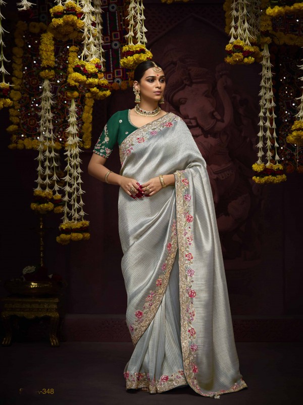 Kanjivaram Silk Wedding Wear Saree Grey Color with Embroidery Work