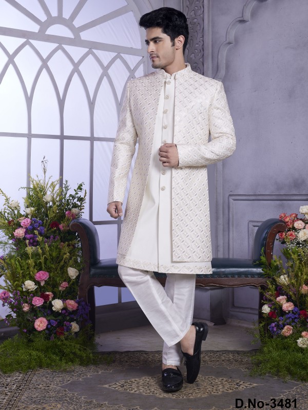 Art Silk Readymade Indowestern in Cream Color With Embroidery work 