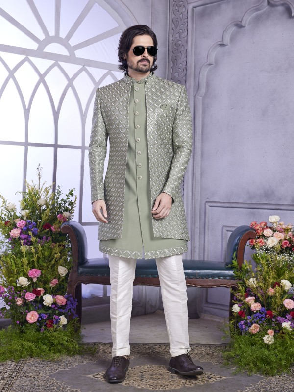 Art Silk Readymade Indowestern in Green Color With Embroidery work 