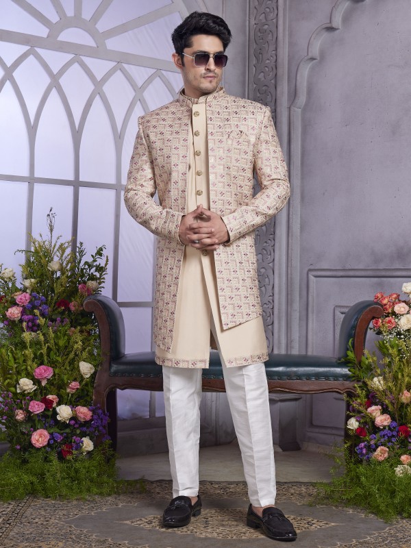 Art Silk Readymade Indowestern in Beige Color With Embroidery work 