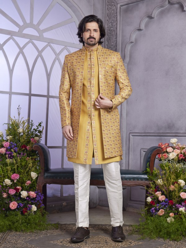 Art Silk Readymade Indowestern in Mustard Color With Embroidery work 