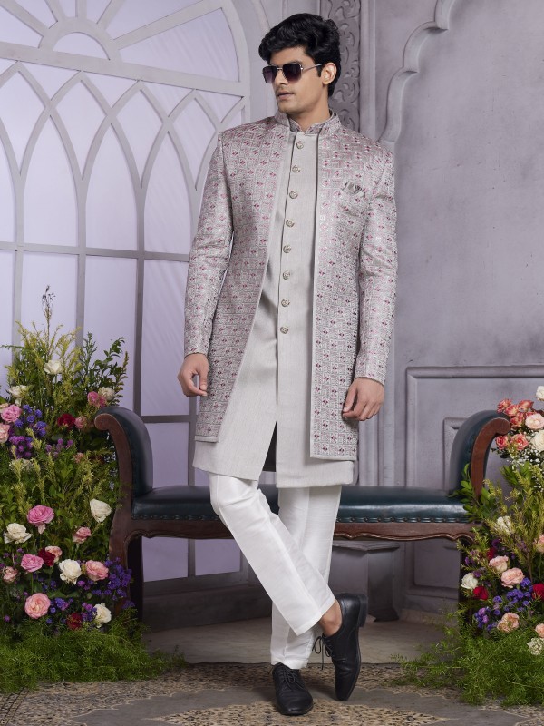 Art Silk Readymade Indowestern in Grey Color With Embroidery work 