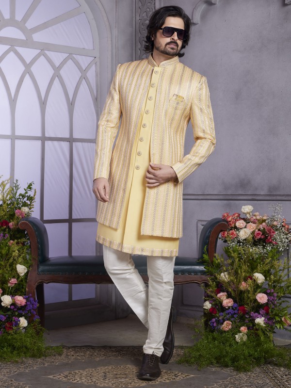 Art Silk Readymade Indowestern in Yellow Color With Embroidery work 